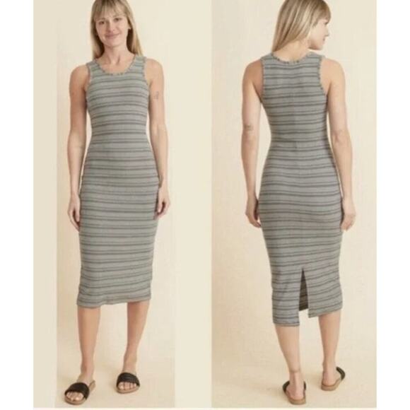 Marine Layer Lexi Daytime Dress Rib Sleeveless Bodycon Midi Olive Stripe NWT L - Picture 2 of 8